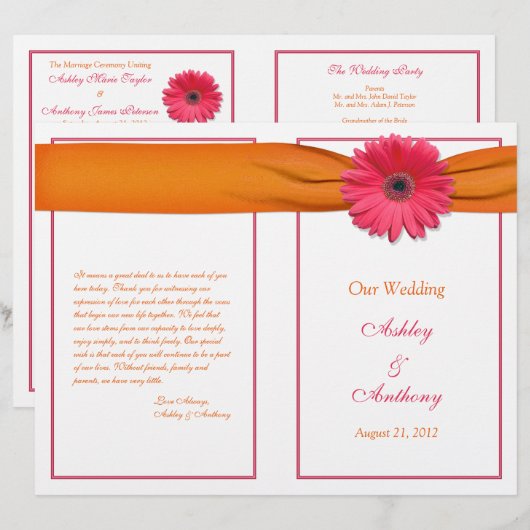 Gerbera rose Daisy Orange Ribbon Wedding Programme (Devant / Derrière)