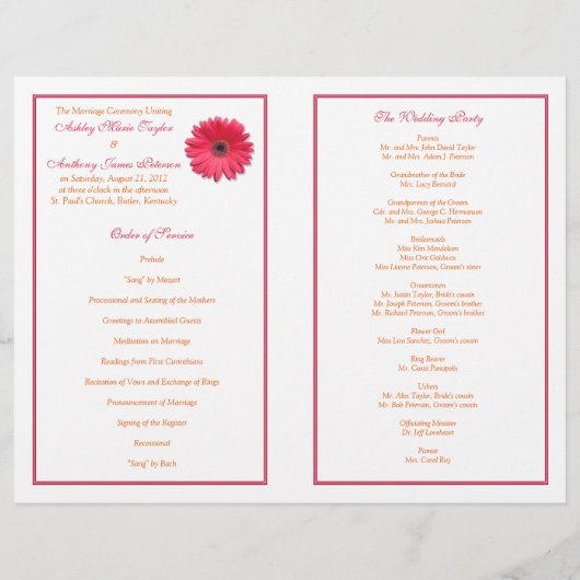 Gerbera rose Daisy Orange Ribbon Wedding Programme (Dos)