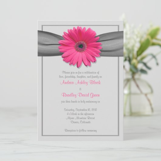 Gerbera rose Daisy Silver Grey Ribbon Invitation (Debout devant)
