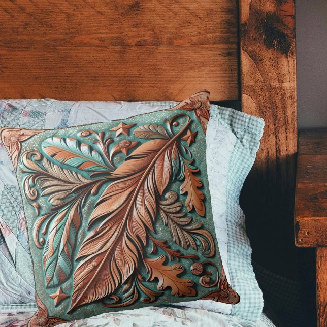 Gereedgemaakte lederen print veren bladeren kussen (Tooled Leather Print Feathers Leaves Throw Pillow)