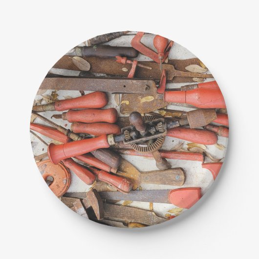 Gereedschap Antiek Rustiek Rood Man Tool Papieren Bordje (Voorkant)