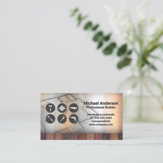 Gereedschap | Bouwblauwdrukken | Metaal Hout Visitekaartje (Staand voorkant)