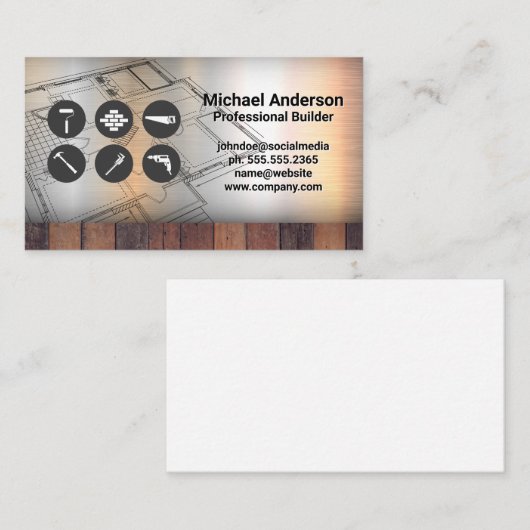 Gereedschap | Bouwblauwdrukken | Metaal Hout Visitekaartje (Voorkant / Achterkant)