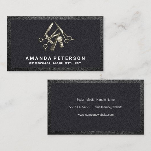 Gereedschappen voor haarstijlen | Zwart leder op z Visitekaartje (Voorkant / Achterkant)