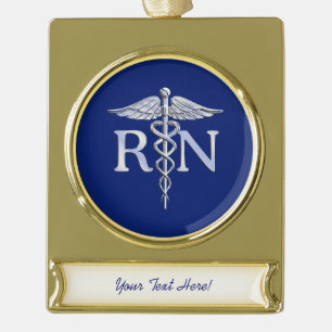 Geregistreerde Verpleegkundige RN Caduceus op Navy Verguld Banner Ornament