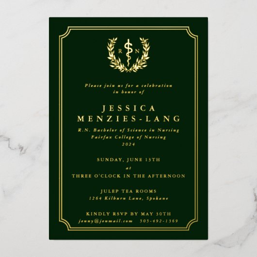 Geregistreerde verpleegster Asclepius + Laurel Wre Folie Uitnodiging (Voorkant)