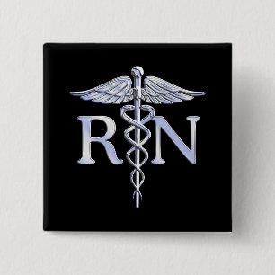 Geregistreerde zuster RN Silver Caduceus Snakes Bl Vierkante Button 5,1 Cm