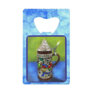 German Beer Stein w/scharnierend deksel blauw groe Kredietkaart Flessenopener