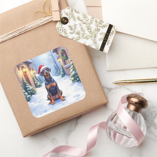 German Pinscher Snowy Courtyard Santa Hat Vierkante Sticker (Geschenken)