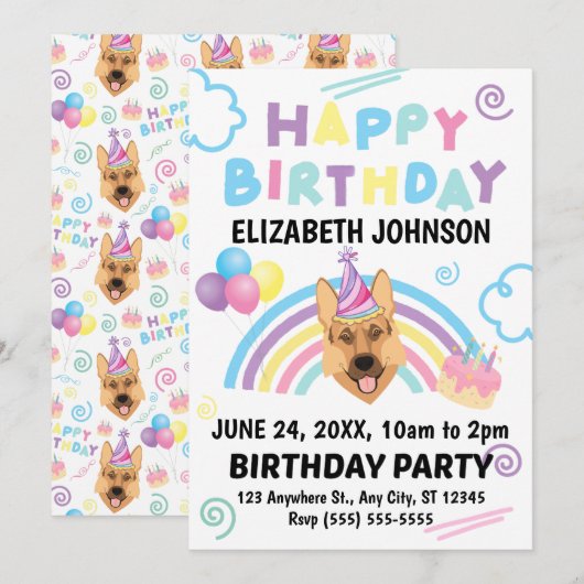 German Shepherd Birthday Invitation  (Devant / Derrière)