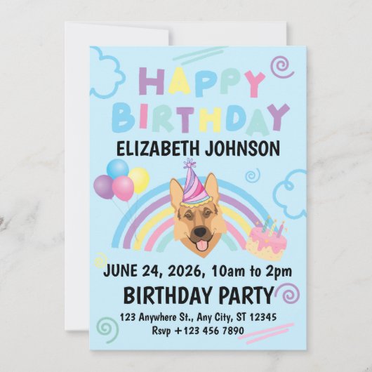 German Shepherd Birthday Invitation in Blue (Devant)