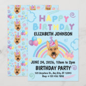 German Shepherd Birthday Invitation in Blue Kaart (Voorkant / Achterkant)
