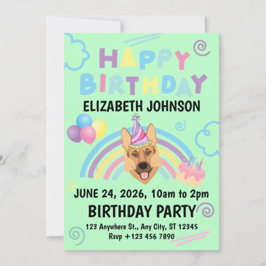 German Shepherd Birthday Invitation in Green (Devant)