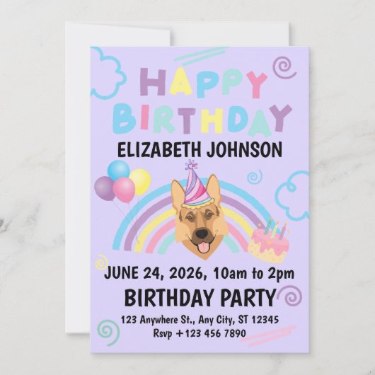 German Shepherd Birthday Invitation in Purple Kaart (Voorkant)