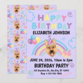 German Shepherd Birthday Invitation in Purple Kaart (Voorkant / Achterkant)
