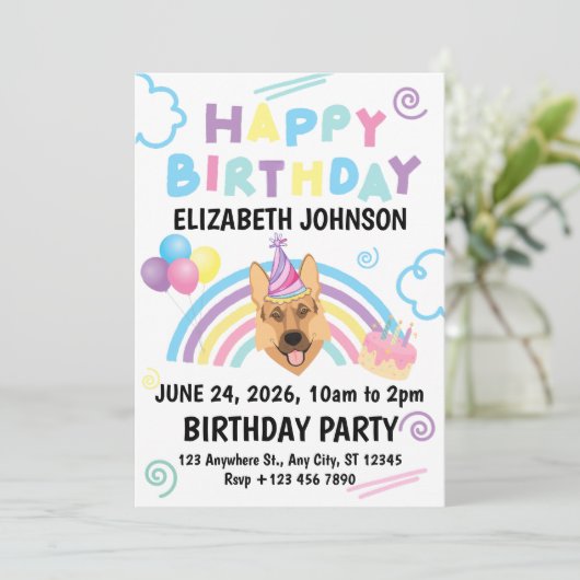 German Shepherd Birthday Invitation in White (Debout devant)