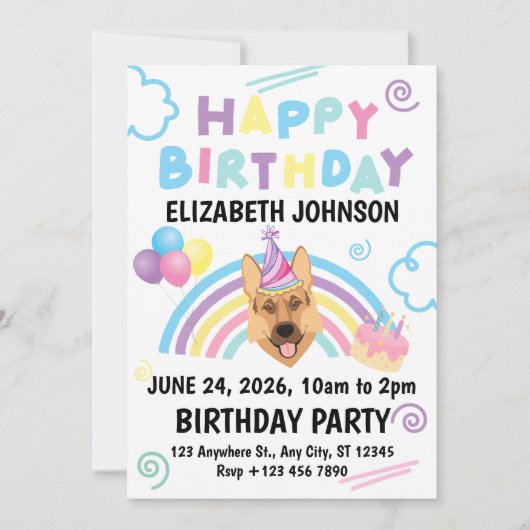 German Shepherd Birthday Invitation in White Kaart (Voorkant)