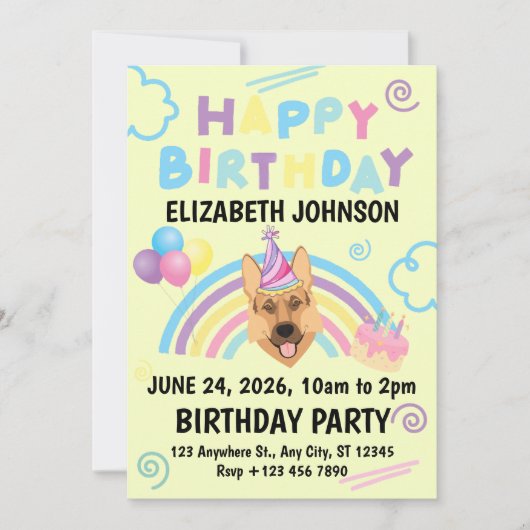 German Shepherd Birthday Invitation in Yellow (Devant)