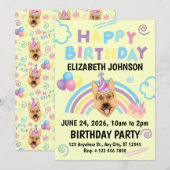 German Shepherd Birthday Invitation in Yellow (Devant / Derrière)
