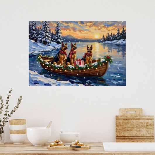 German Shepherd Christmas Boat Holiday Poster (Keuken)