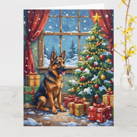 German Shepherd Christmas Under The Tree Kaart (Gele Bloem)