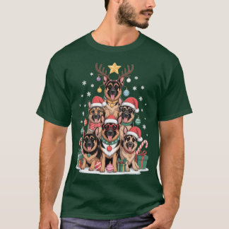 German Shepherd Dog Christmasree Lights Xmas Santa T-shirt