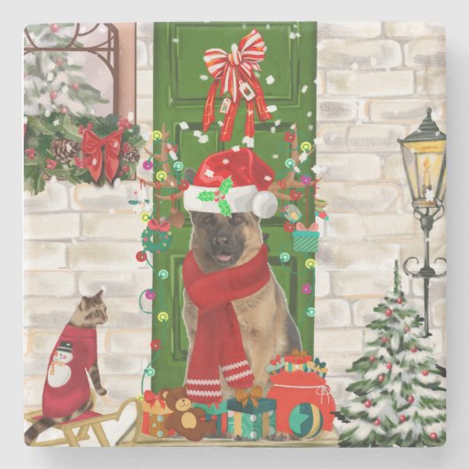 German Shepherd Dog Kerstmis Stenen Onderzetter (Voorkant)