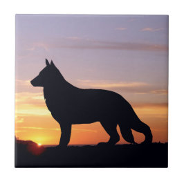 German Shepherd Dog Luminescent Sunset Silhouette Tegeltje