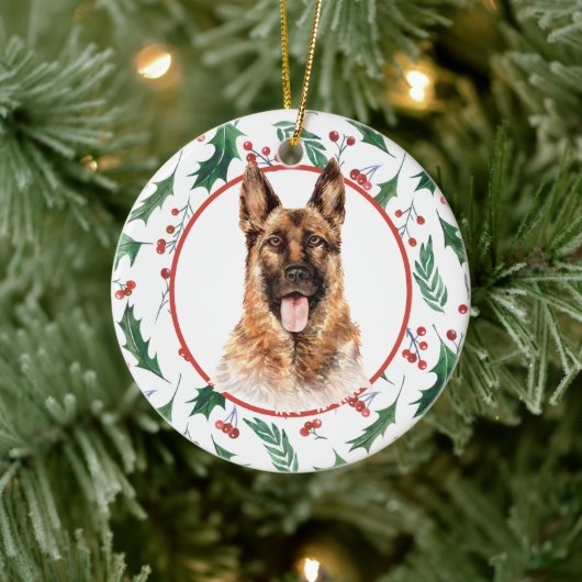 German Shepherd Dog Red Berry Holly Border Keramisch Ornament (Boom)