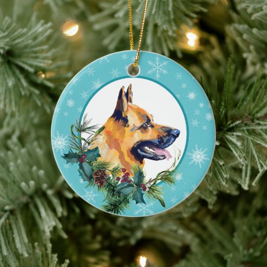 German Shepherd Evergreen Blue Snowflake Border Keramisch Ornament (Boom)
