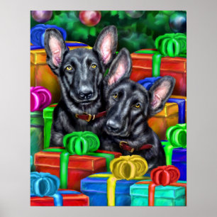German Shepherd Open Gifts Blk Kerstmis Poster