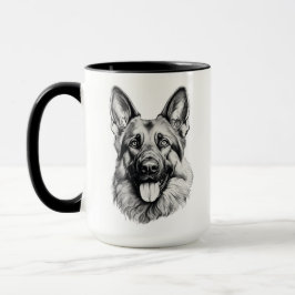 German Shepherd Portrait Black Accent Mug | B&W Mok
