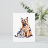 German Shepherd Puppy And Maincoon Kitten Briefkaart (Staand voorkant)