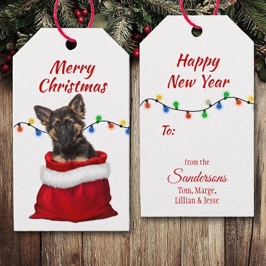 German Shepherd Puppy in Santa Bag Gift Labels Cadeaulabel