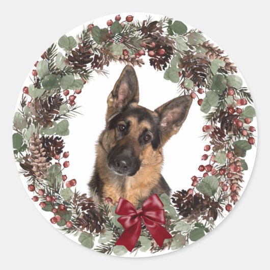 German Shepherd Red Bow Pinecone Wreater Kerstmis Ronde Sticker (Voorkant)