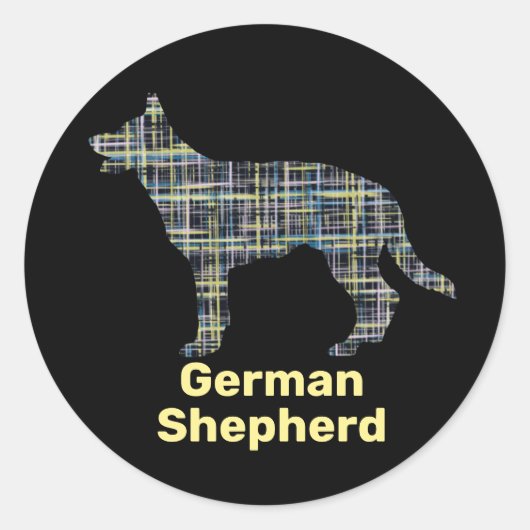 German Shepherd Silhouette Yellow&Black Grid Ronde Sticker (Voorkant)