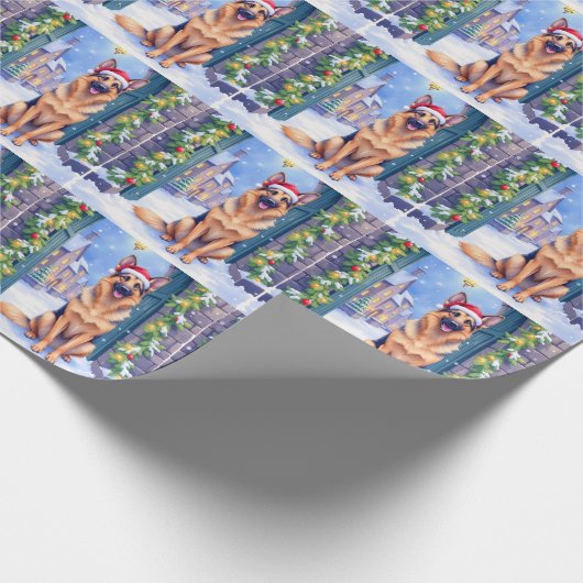 German Shepherd Snowy Town Gate Santa Christmas Cadeaupapier (Hoek)