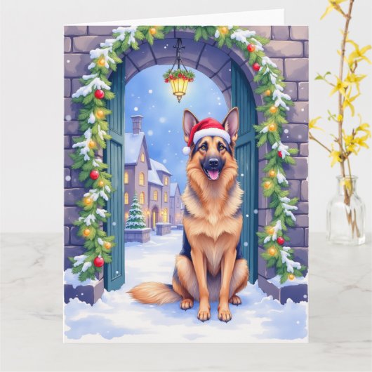 German Shepherd Snowy Town Gate Santa Christmas Kaart (Gele Bloem)