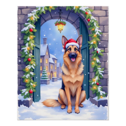 German Shepherd Snowy Town Gate Santa Christmas Perfect Poster (Voorkant)