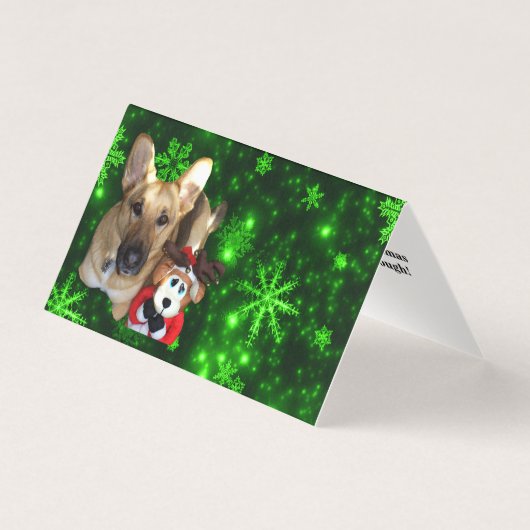 German Shepherd, Toy Reindeer, Green Snowflakes (Front)