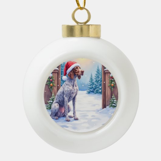 German Shorthaired Pointer Snowy Gate Santa Hat Keramische Bal Ornament (Voorkant)