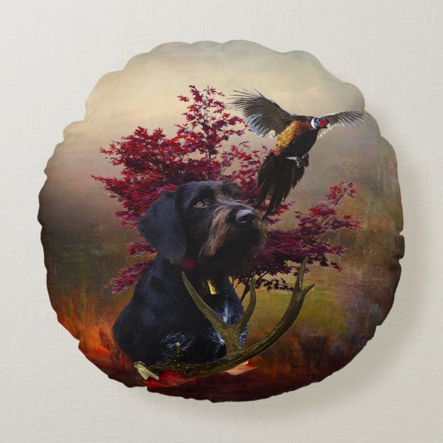 German Wirehaire Pointer Rond Kussen (Voorkant)