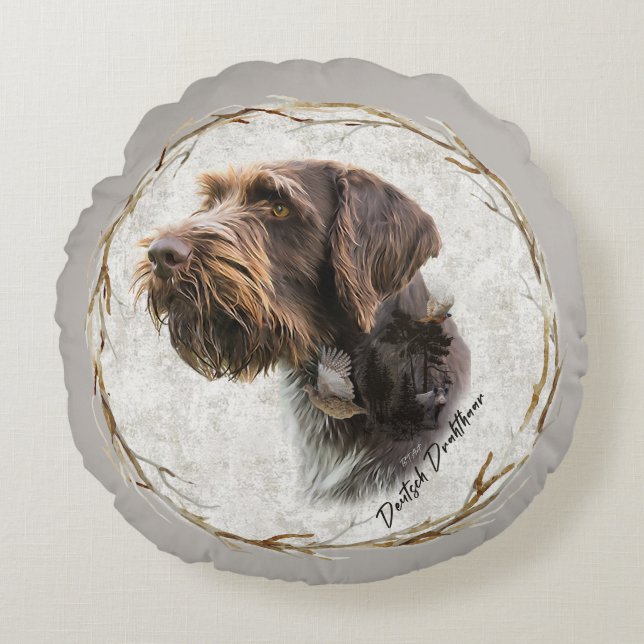German Wirehaire Pointer Rond Kussen (Voorkant)