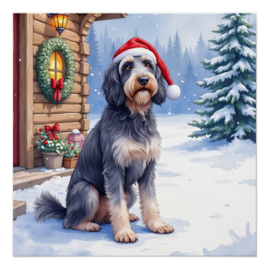 German Wirehaired Pointer Snowy Lodge Santa Hat Perfect Poster (Voorkant)