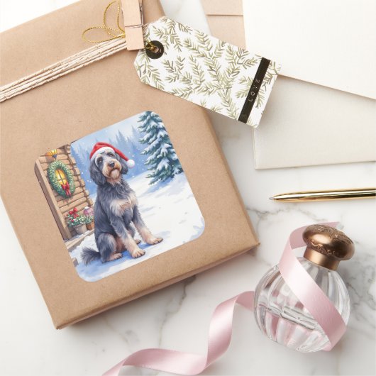 German Wirehaired Pointer Snowy Lodge Santa Hat Vierkante Sticker (Geschenken)