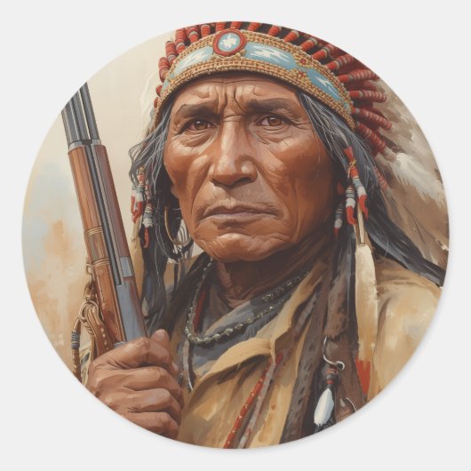 Geronimo Indian Chief Warrior Portrait Ronde Sticker (Voorkant)
