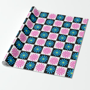 Geruit Aster Roze Blauw Bloemen Abstract Cadeaupapier