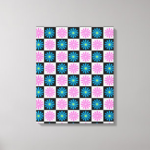 Geruit Aster Roze Blauw Bloemen Abstract Canvas Afdruk