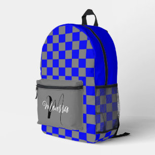 Geruit Blauw Grijs Kleur - Initiële Naam Monogram Bedrukte Rugzak