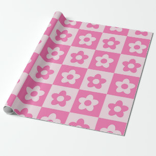 Geruit heet roze en wit retro bloemenpatroon cadeaupapier